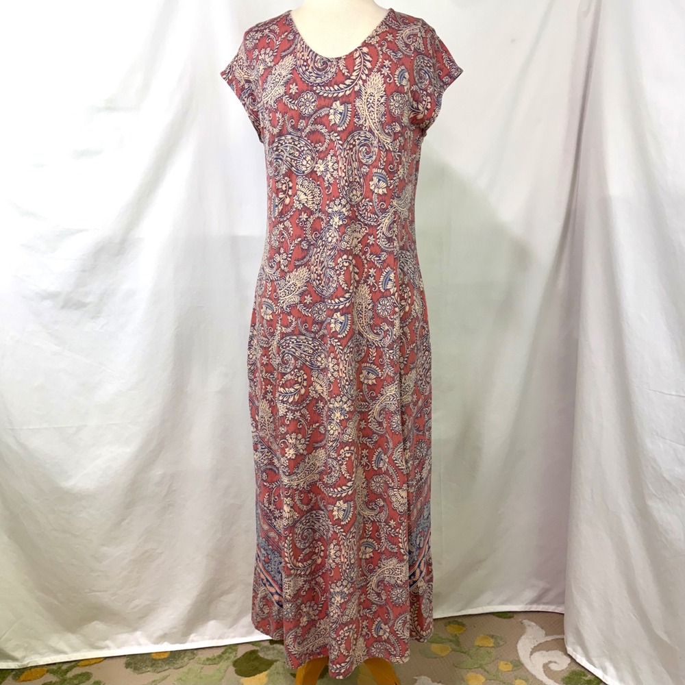 PURE JILL Placed Border Maxi Dress Small Paisley Cotton Tencel Stretch Comfort